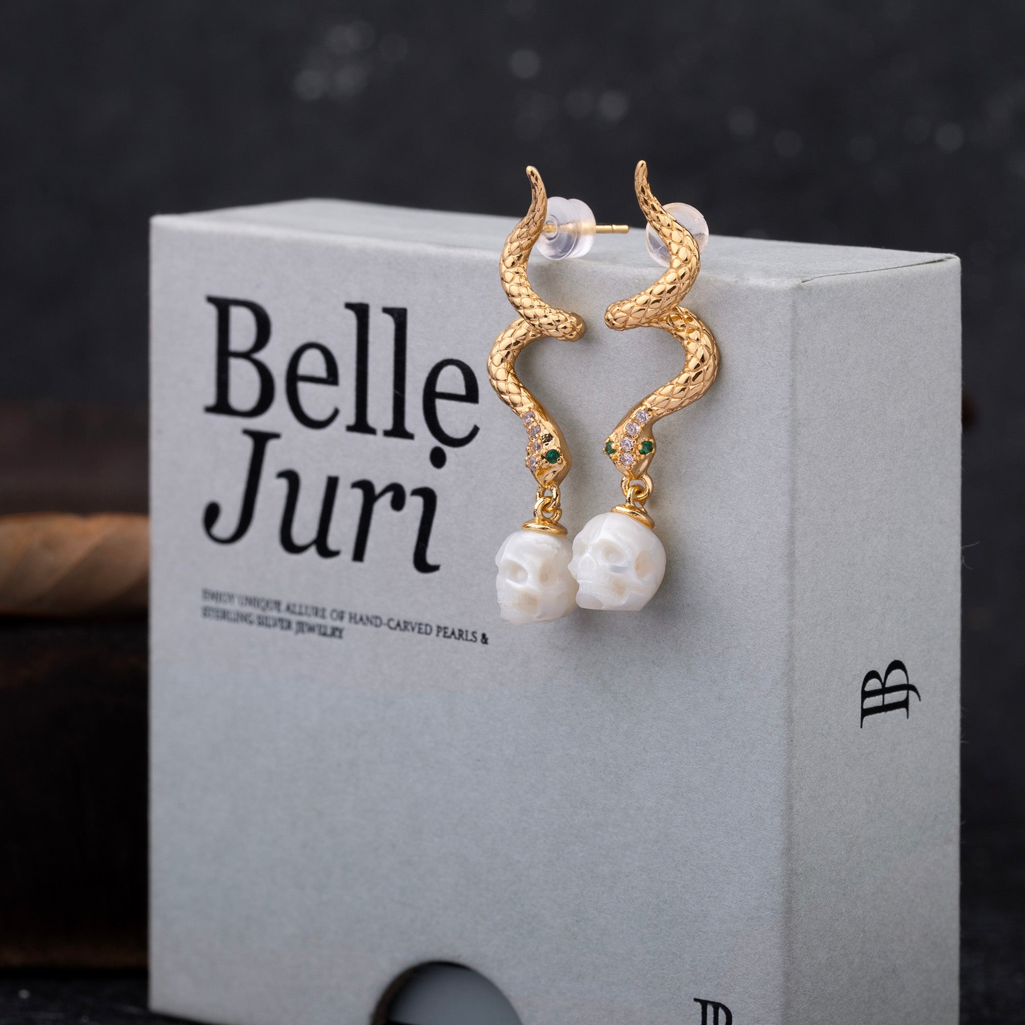 Gold Snake Pearl Skull Earrings