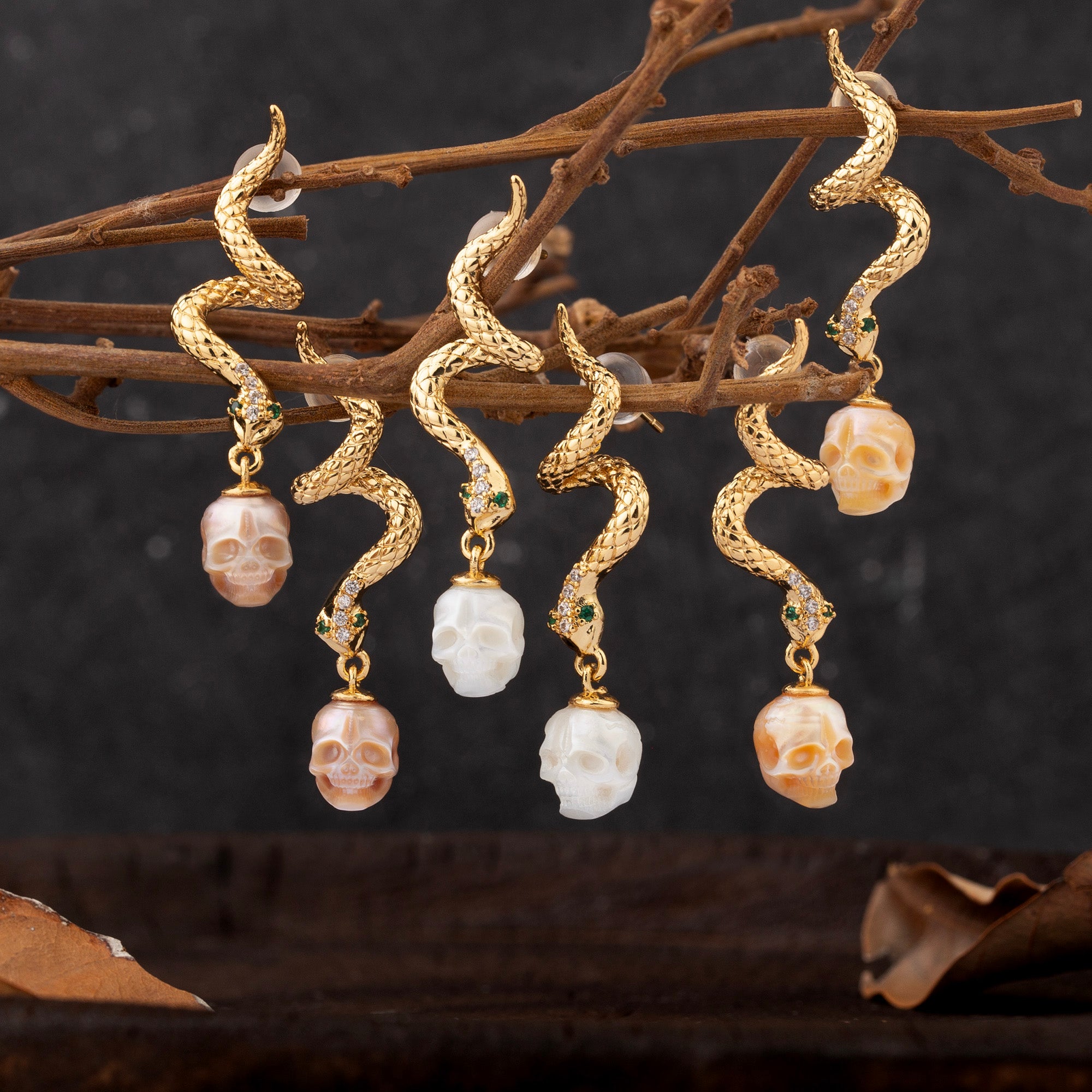 Gold Snake Pearl Skull Earrings