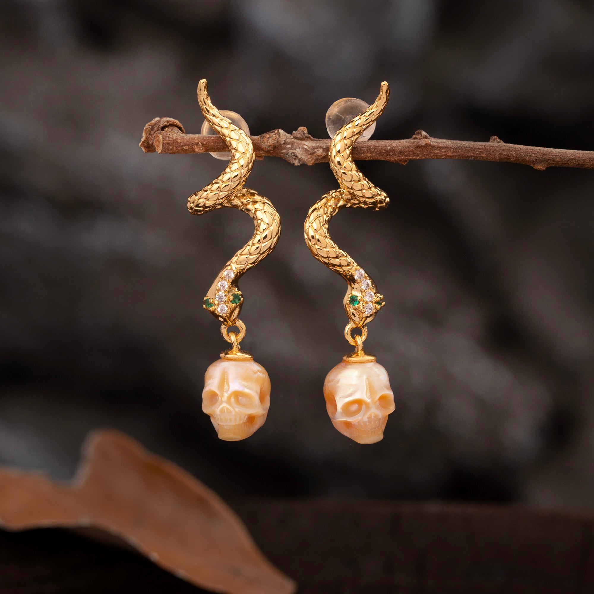 Gold Snake Pearl Skull Earrings