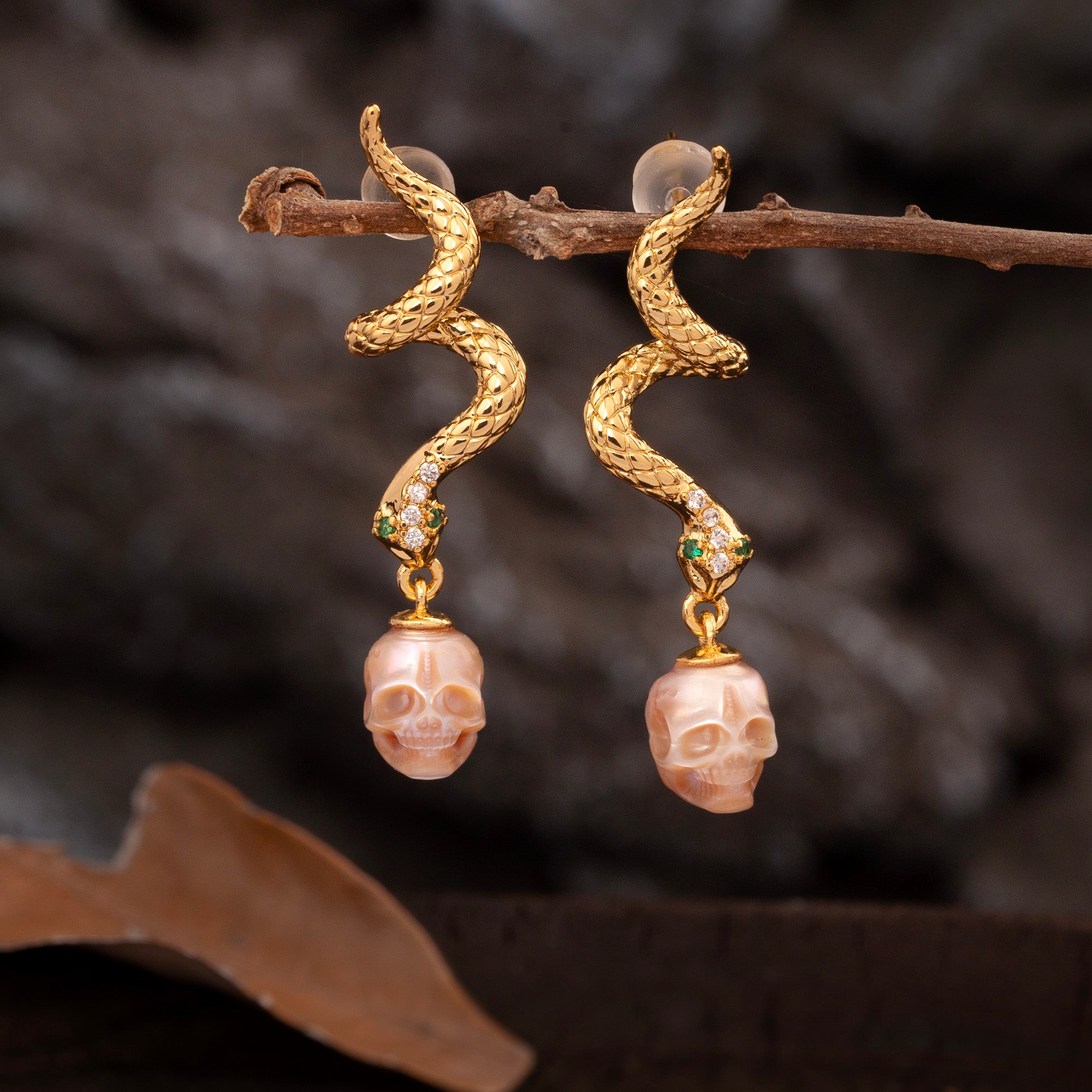 Gold Snake Pearl Skull Earrings