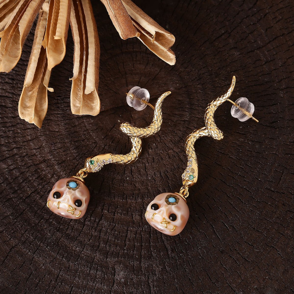 Gold Snake Śmaśana Skull Earrings