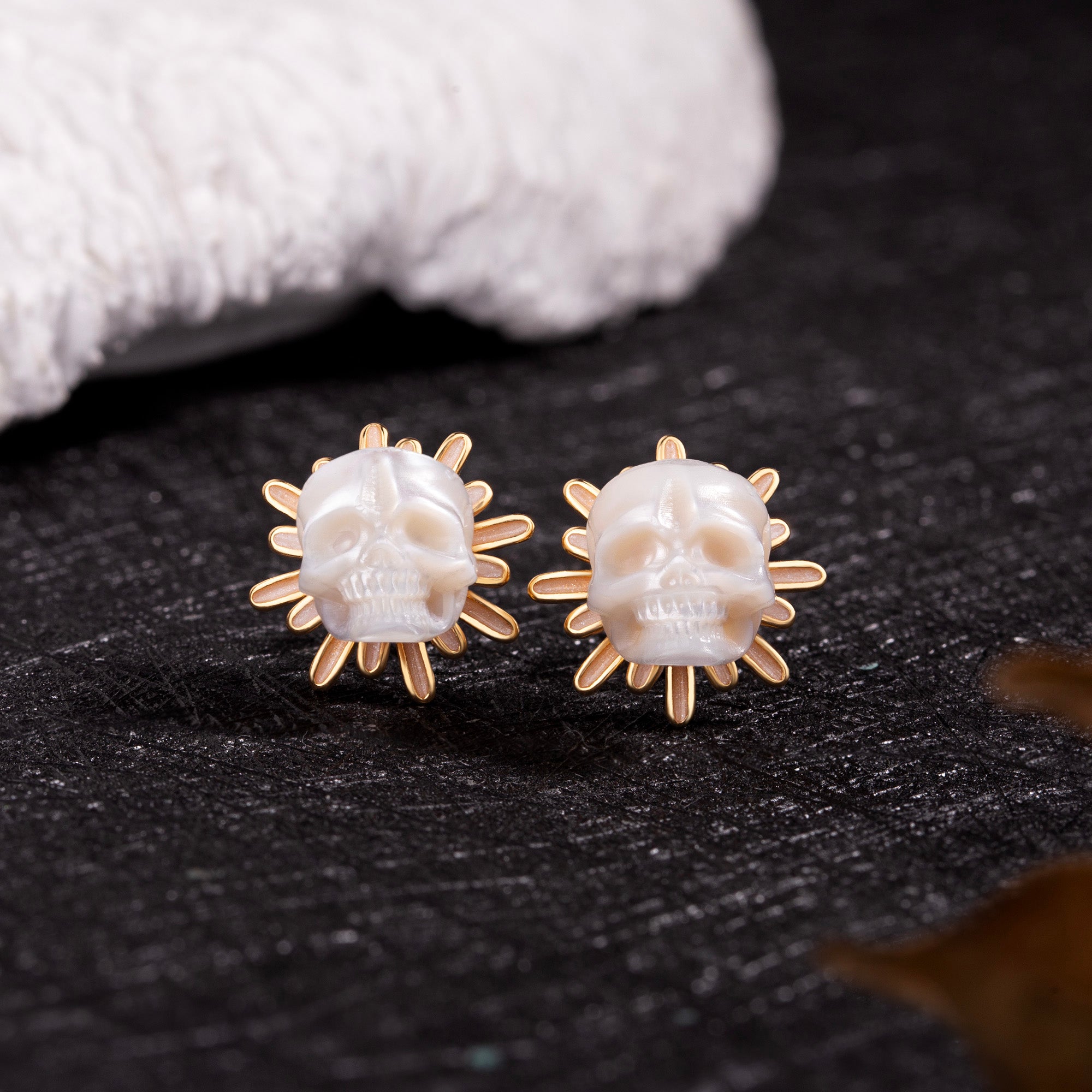 Golden Daisy Floral Pearl Skull Stud Earrings