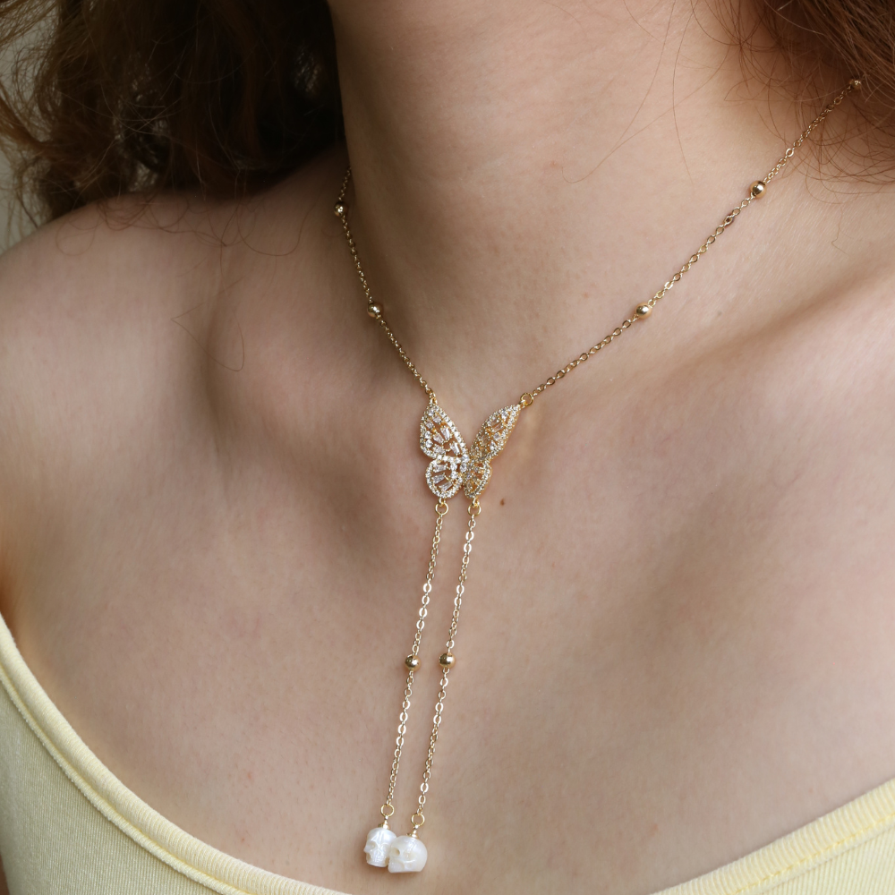 Golden Butterfly Gemstone Skull Pearl CZ Pendant Necklace