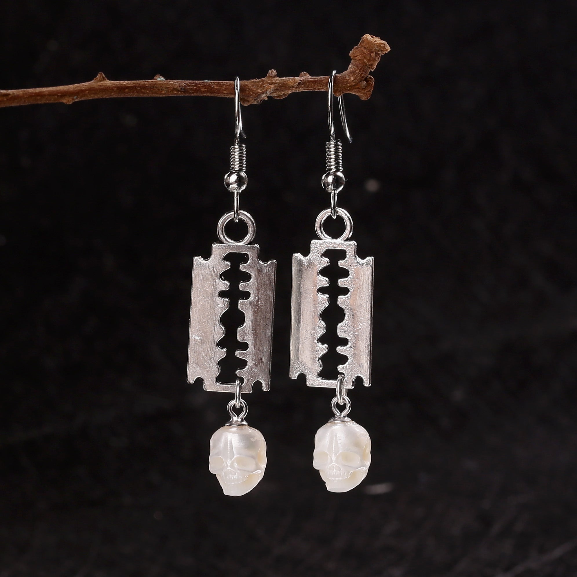 Gothic Blade Skull Pearl Earrings