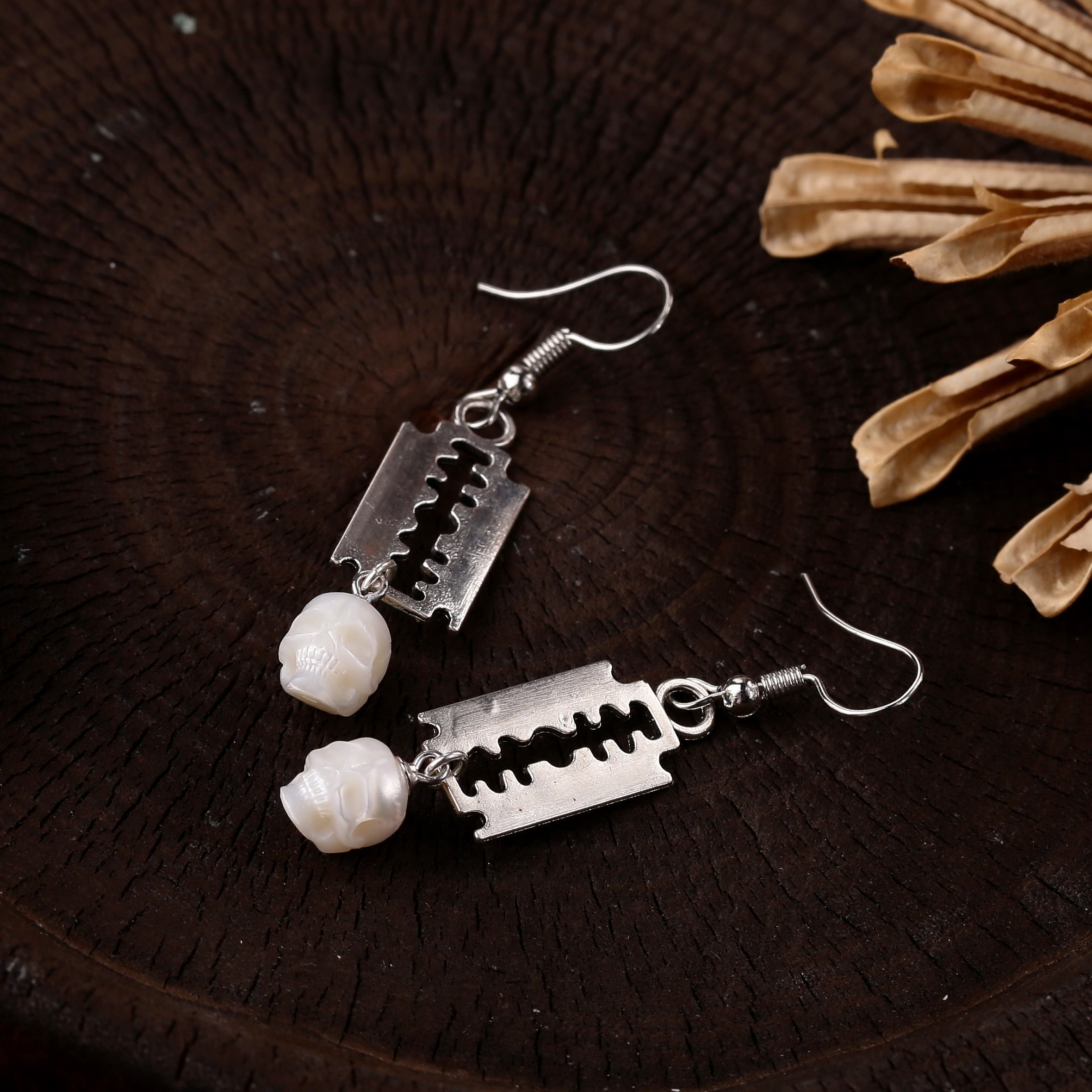 Gothic Blade Skull Pearl Earrings