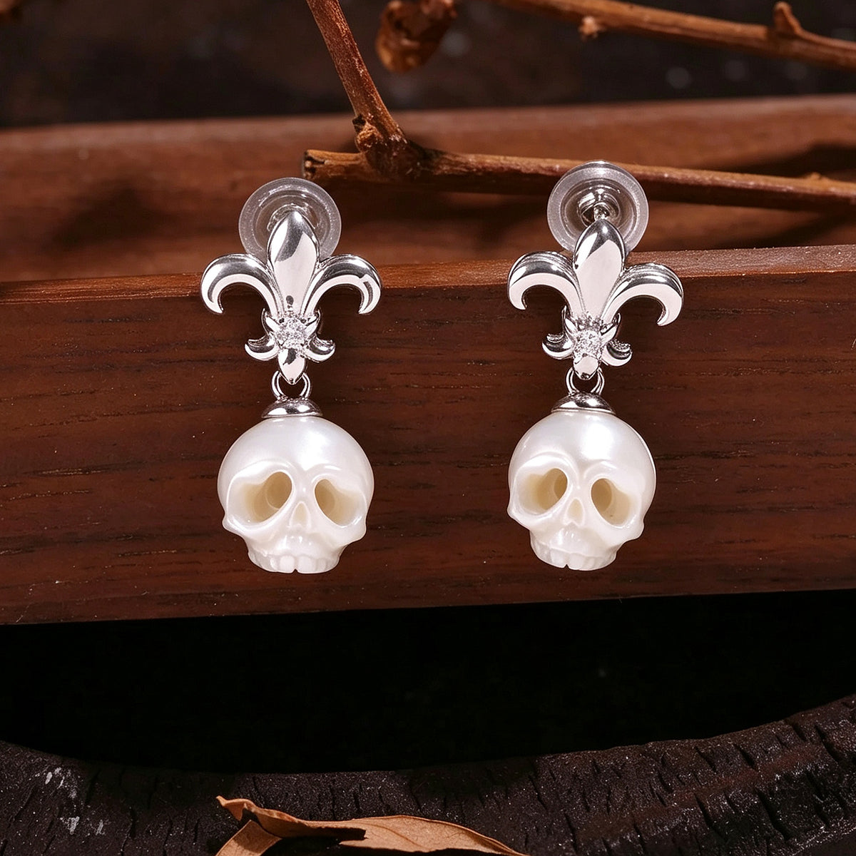 Gothic Handmade Cranium Pearl Iris Pendant Earrings