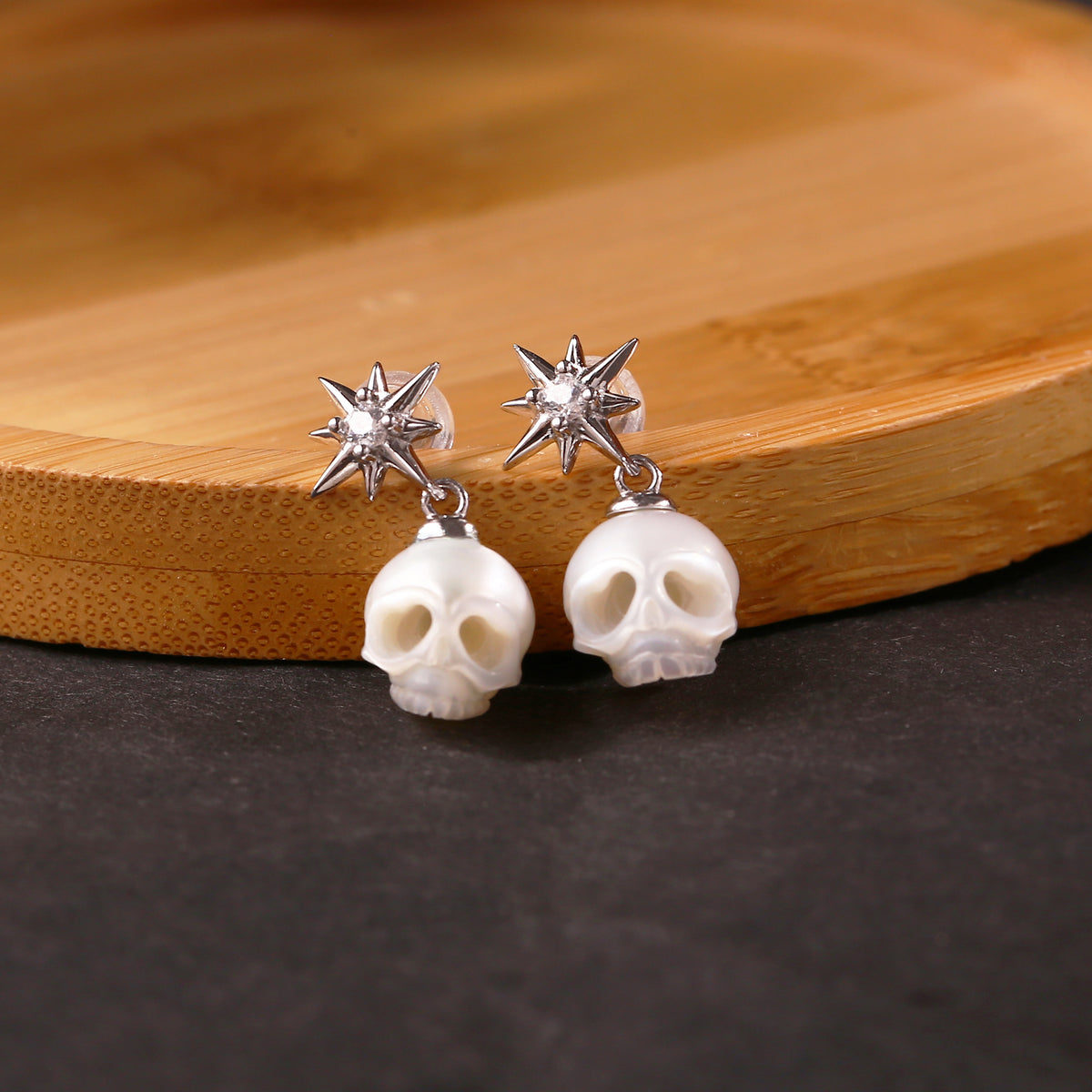 Gothic Handmade Cranium Pearl Starlight Pendant Earrings