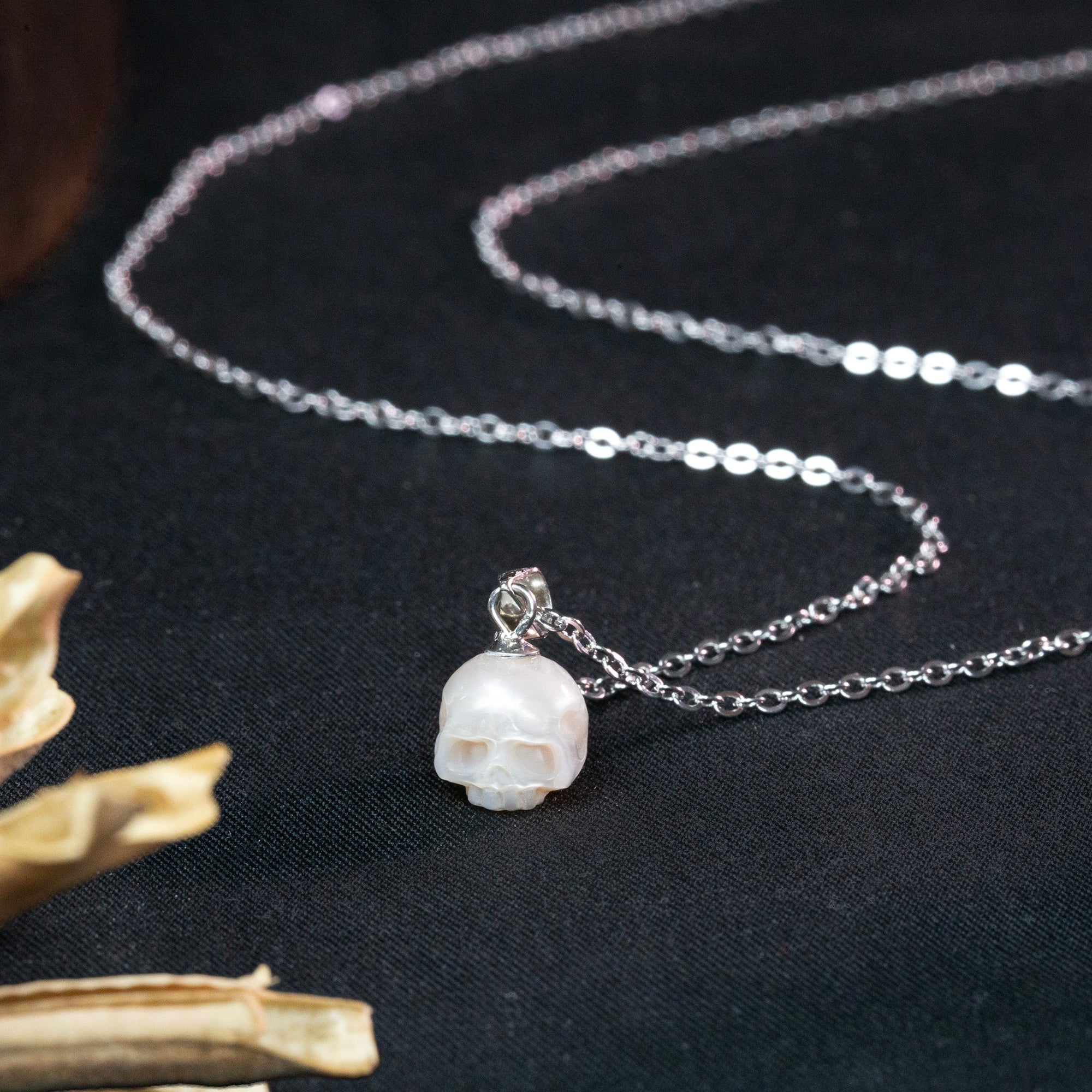 Gothic Minimalist Pearl Cranium Pendant Necklace