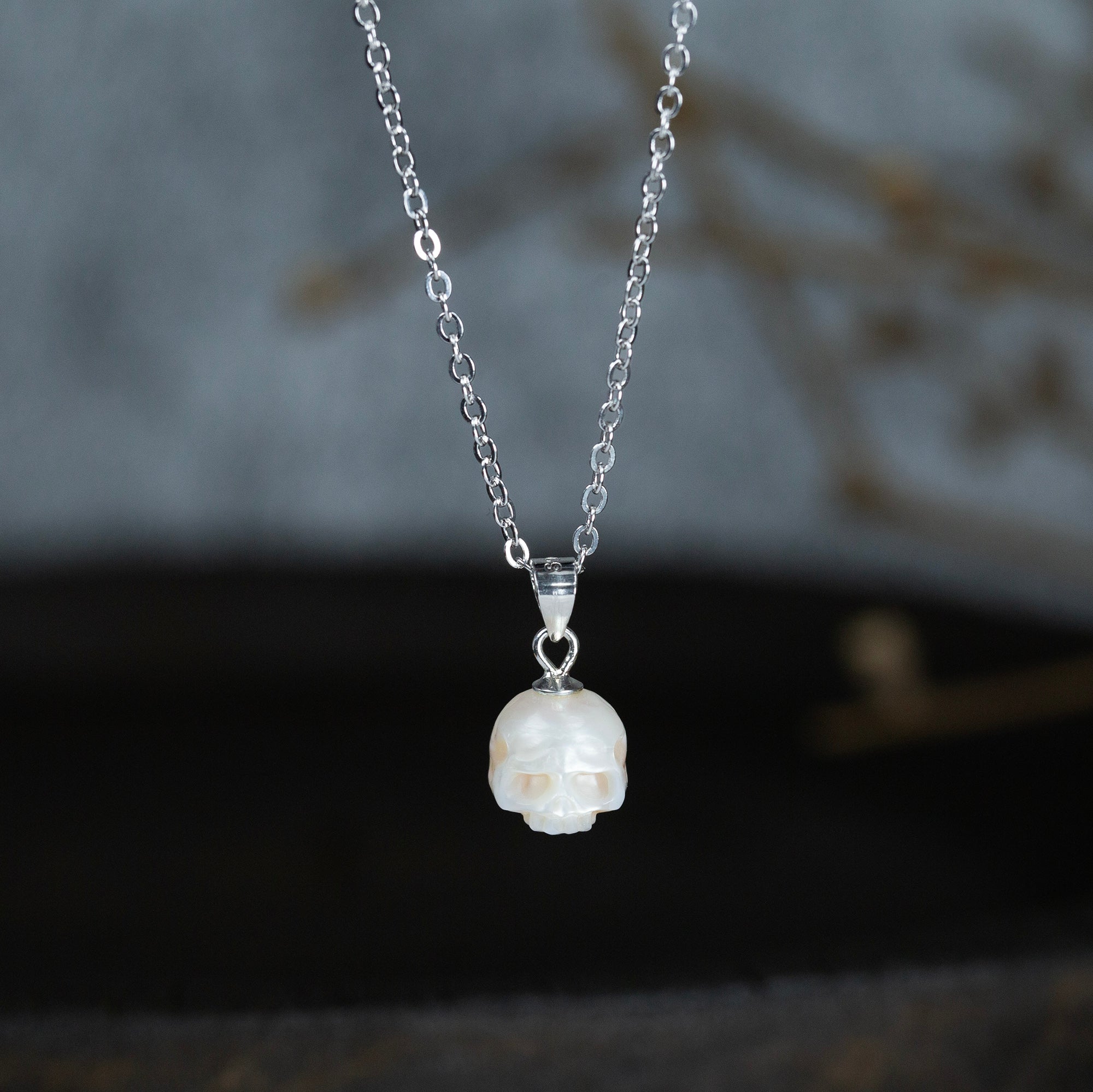 Gothic Minimalist Pearl Cranium Pendant Necklace