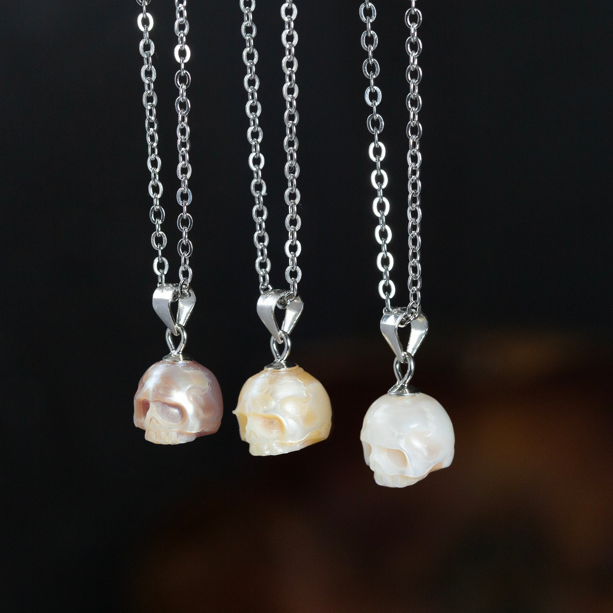 Gothic Minimalist Pearl Cranium Pendant Necklace