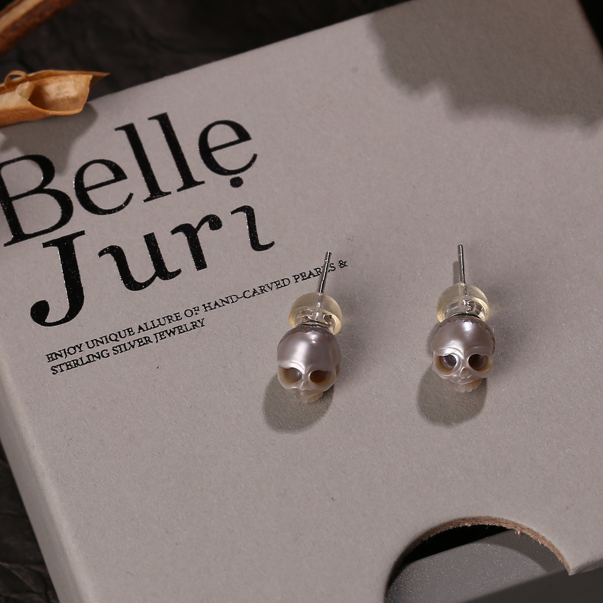 Gothic Mystery Minimalist Cranium Pearl Stud Earrings-Gray