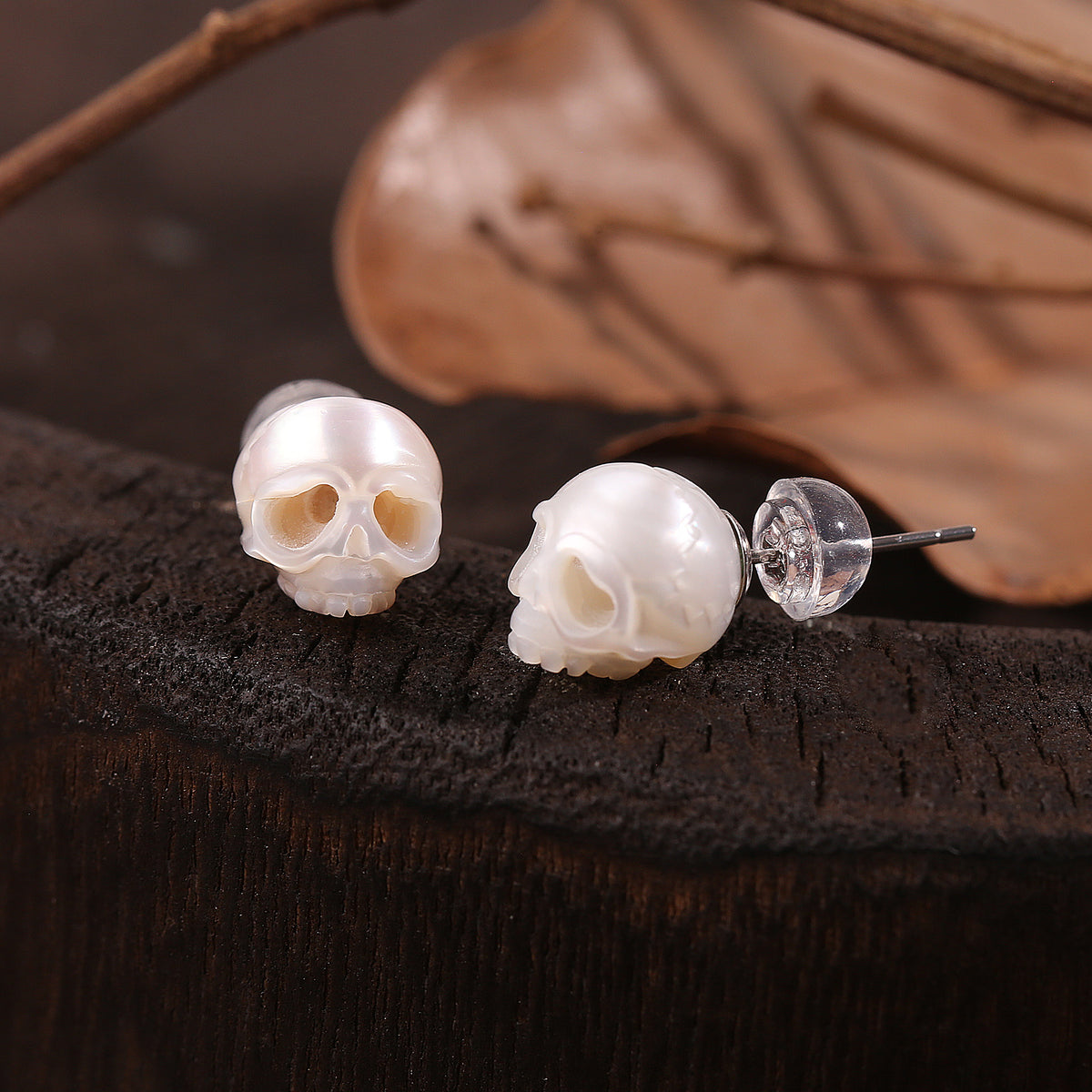Gothic Mystery Minimalist Cranium Pearl Stud Earrings-White