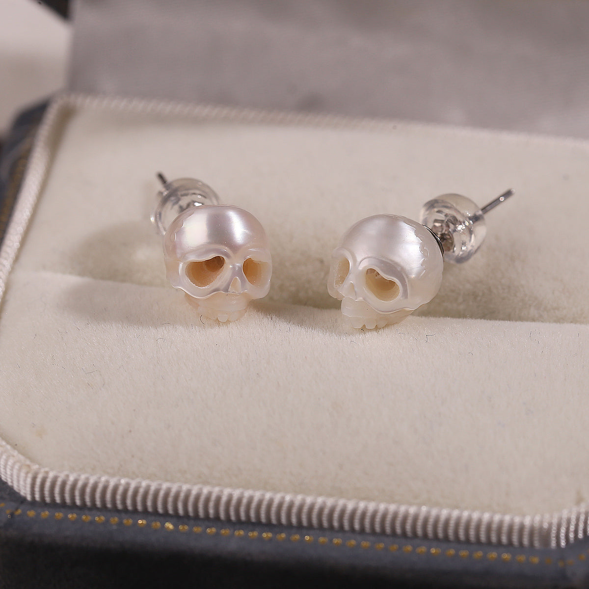Gothic Mystery Minimalist Cranium Pearl Stud Earrings-White