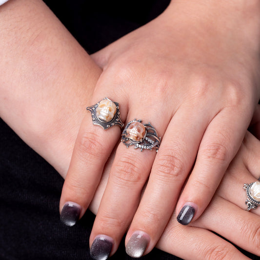 Gothic Pearl Skull Vine Branches Twist Inlaid Ring