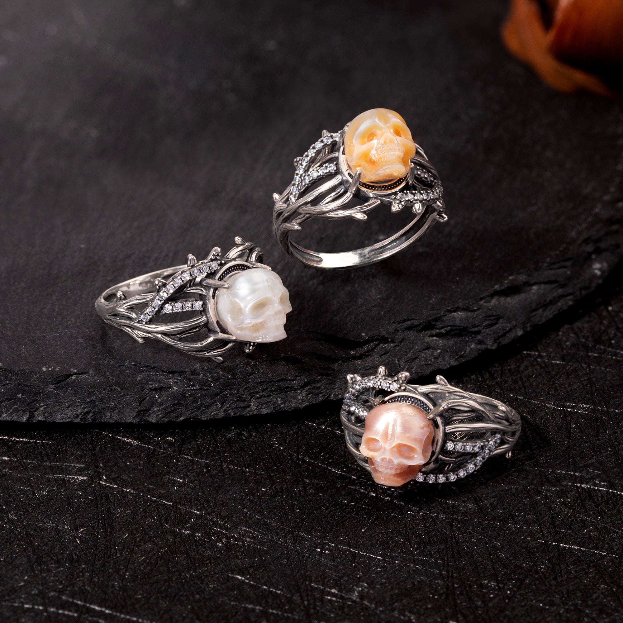 Gothic Pearl Skull Vine Branches Twist Inlaid Ring