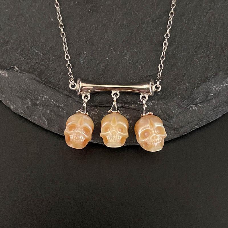 Belle Juri Gothic Triple Pearl Skulls Necklace