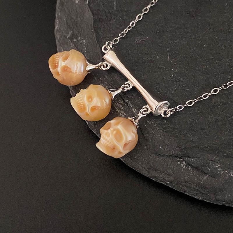 Belle Juri Gothic Triple Pearl Skulls Necklace