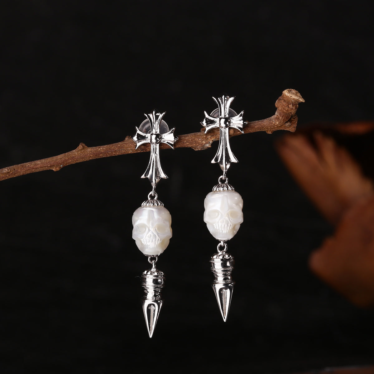 Gothic Elegance Cross & Skull Pearl Stud Earrings
