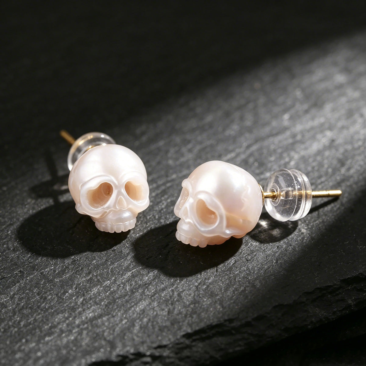 Gothic Mystery Minimalist Cranium Pearl Stud Earrings-White