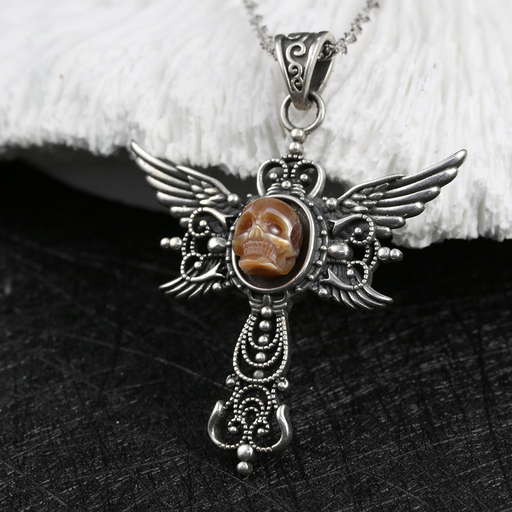 Gothic Pearl Skull Angel Wing Pendant Necklace