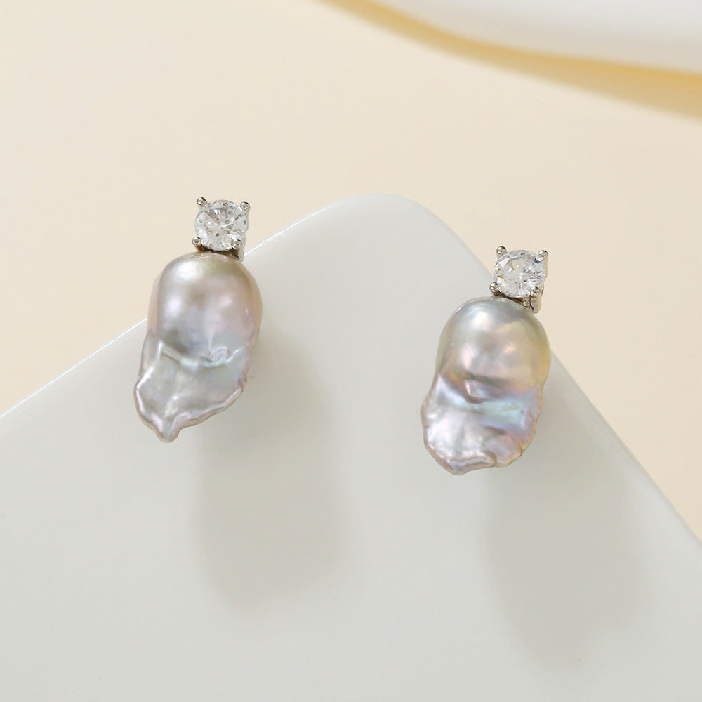 Grey Baroque Pearl & Cubic Zirconia Studs Earrings