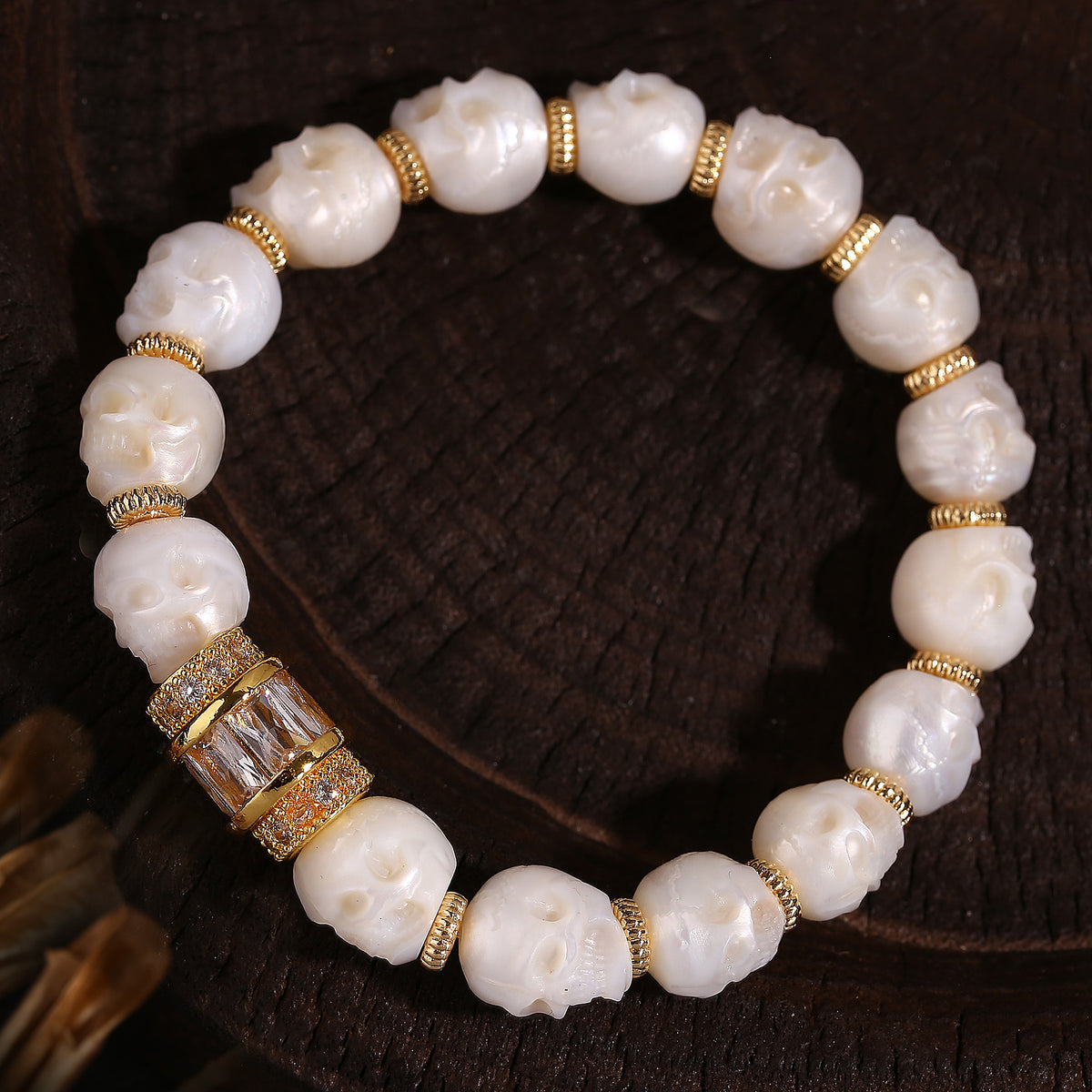 Hand-carved Skull Pearl Zircon Bracelet