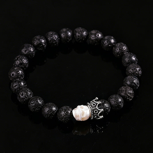 Hand Carved Skull Lava Stone Bracelet