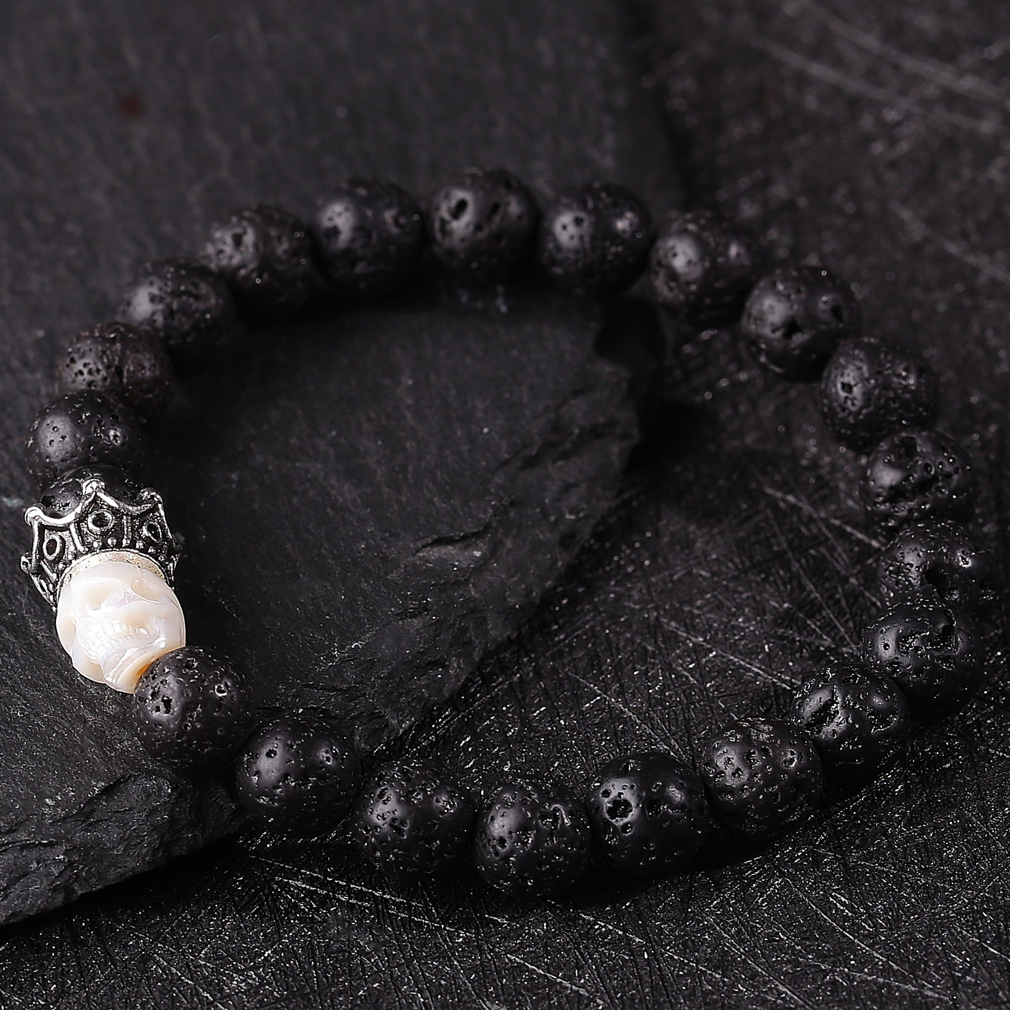 Hand Carved Skull Lava Stone Bracelet