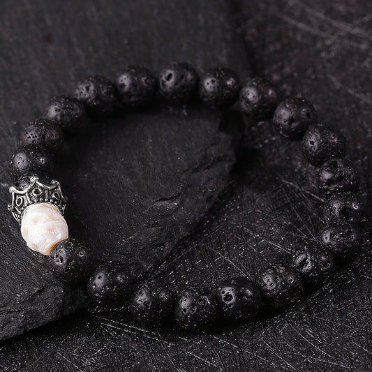 Hand Carved Skull Lava Stone Bracelet