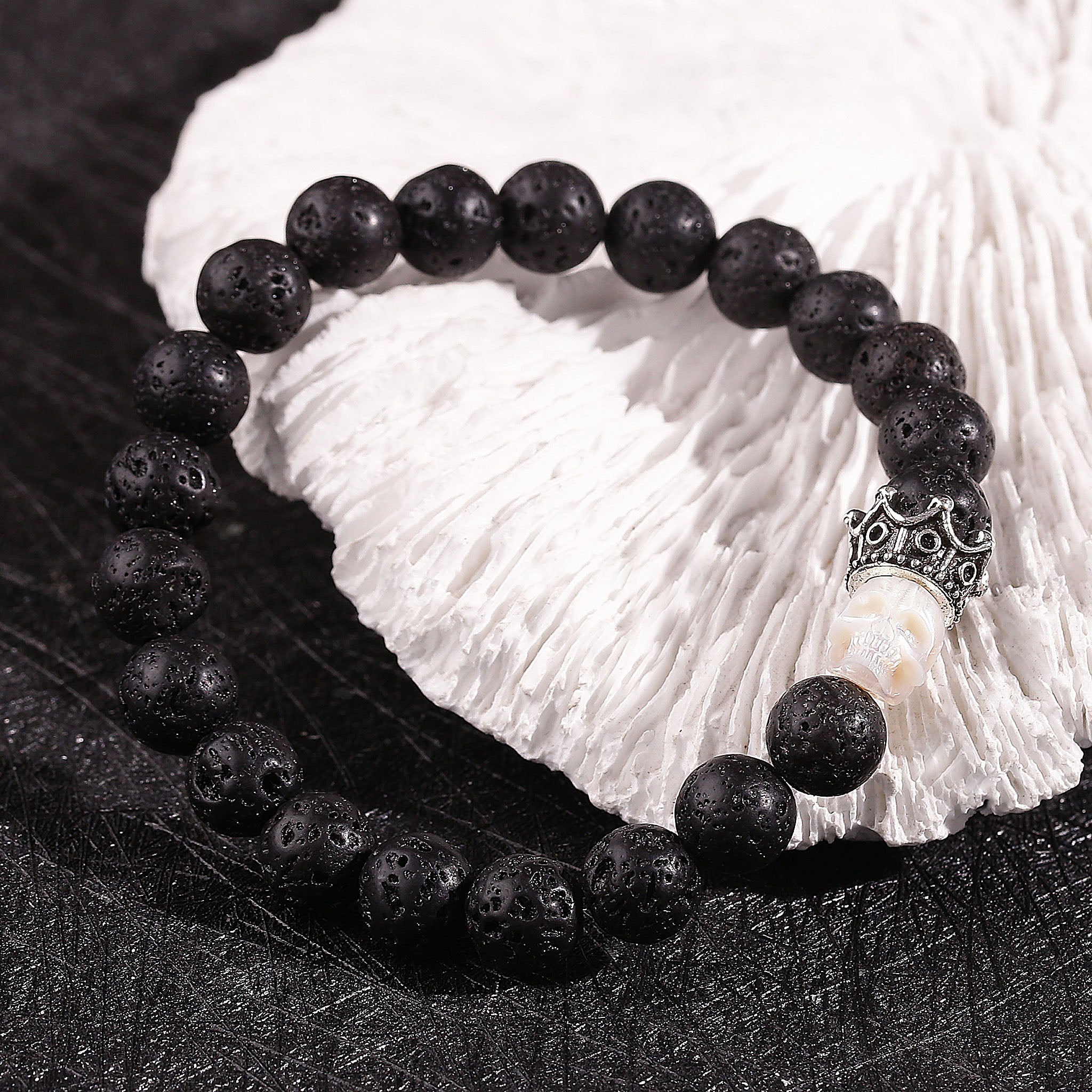 Hand Carved Skull Lava Stone Bracelet