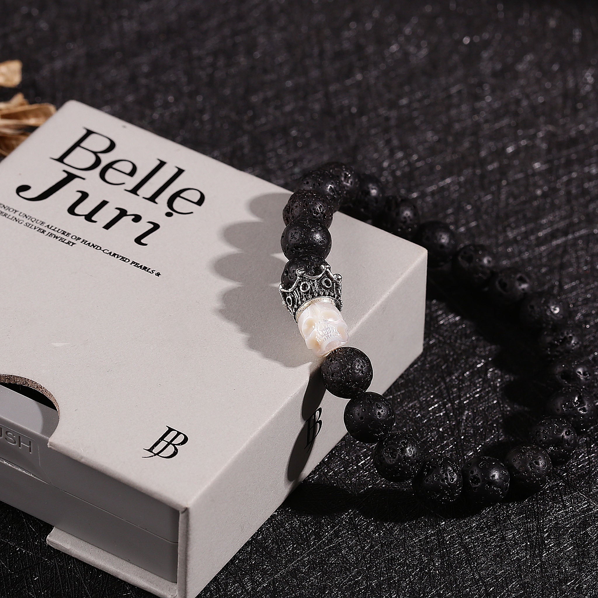 Hand Carved Skull Lava Stone Bracelet