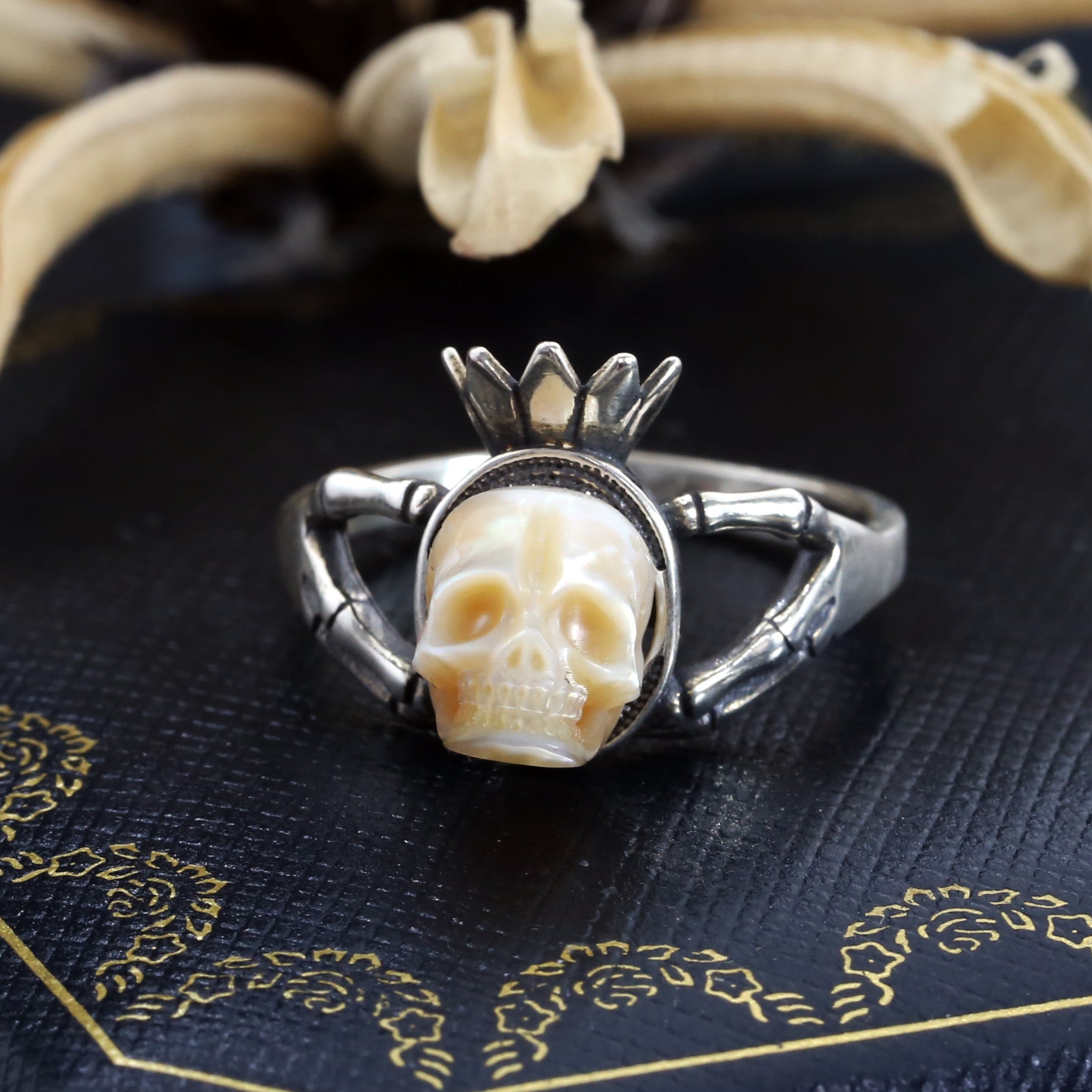 Hand Skeleton Pearl Skull Floral Crown Split Shank Ring
