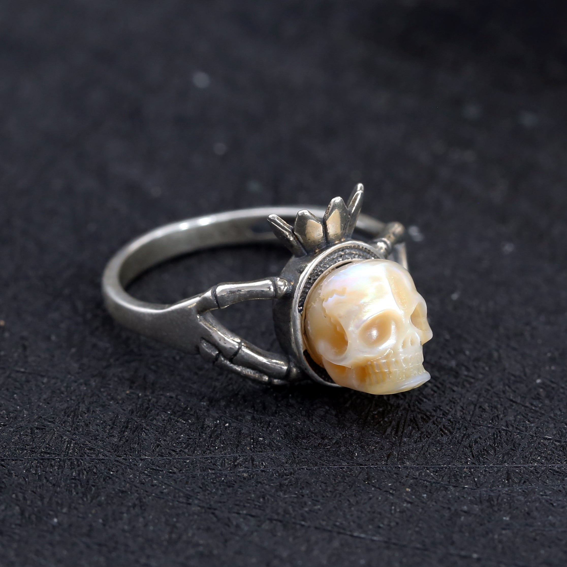 Hand Skeleton Pearl Skull Floral Crown Split Shank Ring