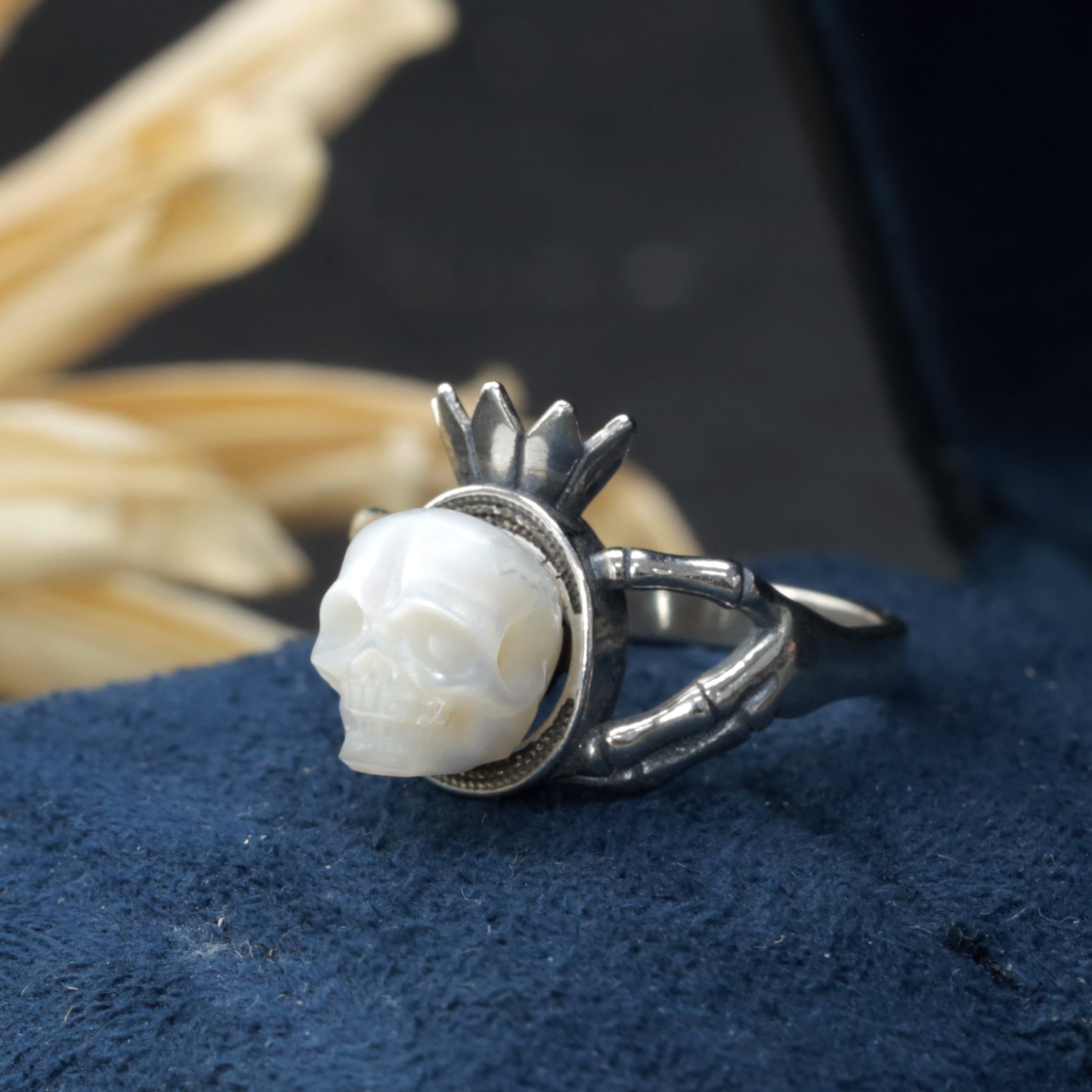Hand Skeleton Pearl Skull Floral Crown Split Shank Ring