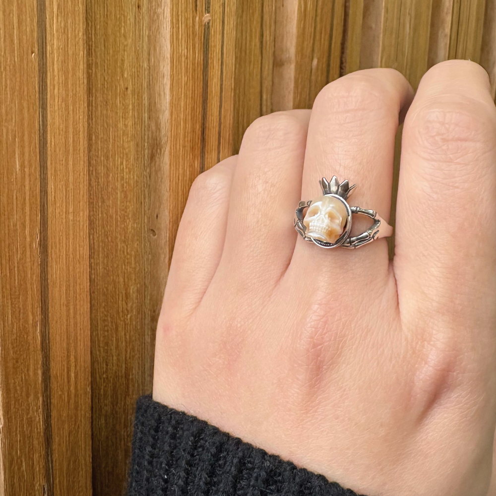 Hand Skeleton Pearl Skull Floral Crown Split Shank Ring