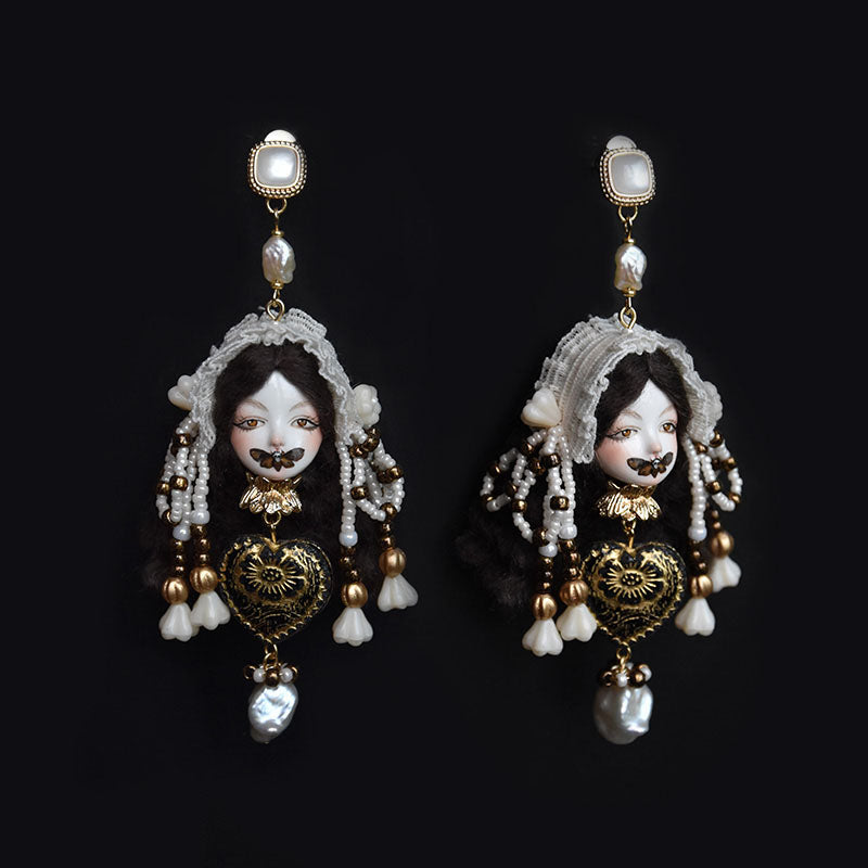 Retro Silent Lolita Doll Pearl Earrings