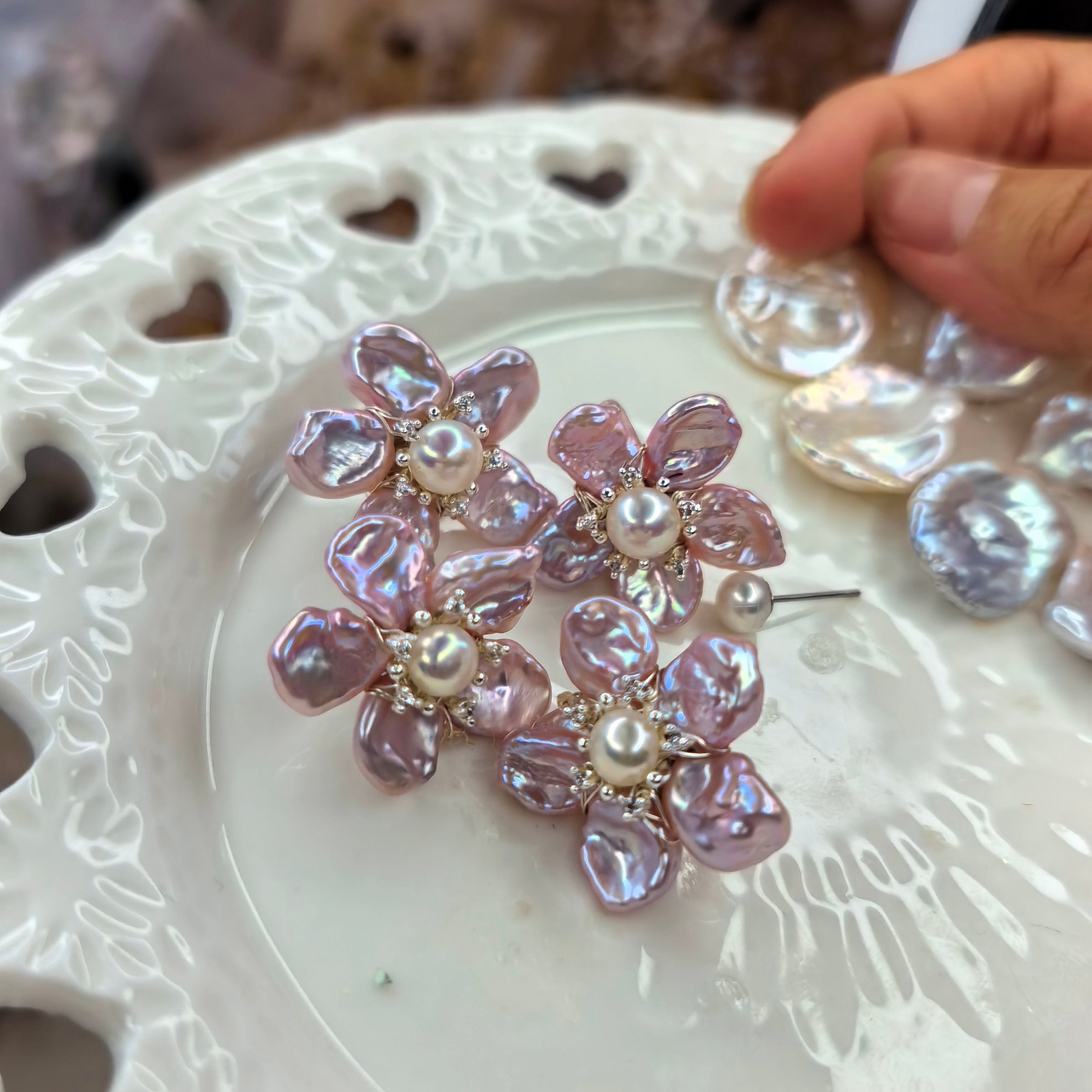 Handwoven Pink Floral Stud Earrings