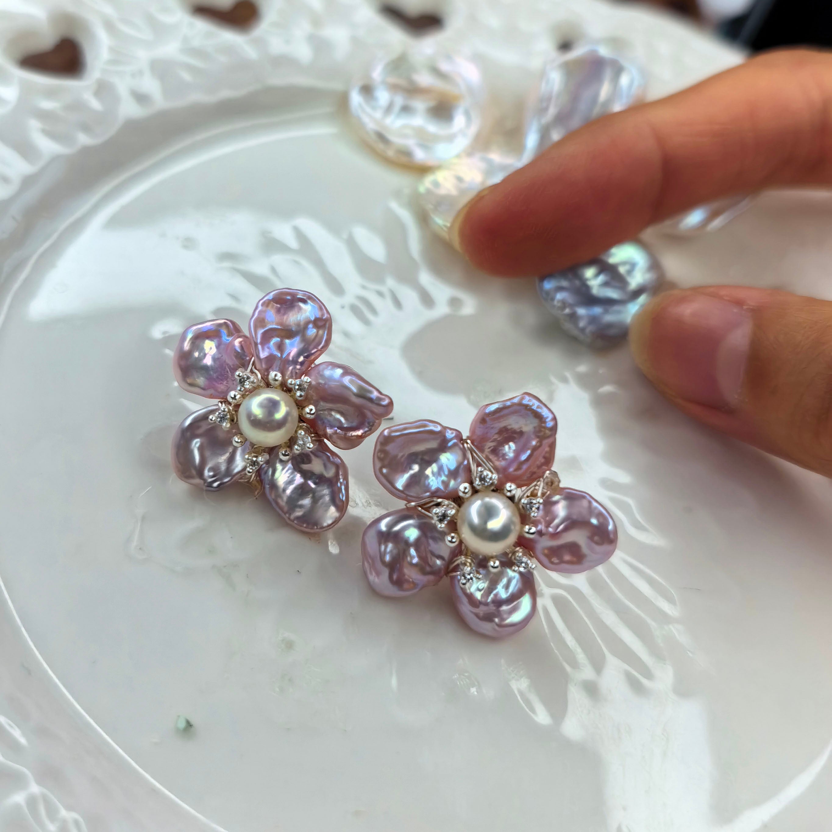 Handwoven Pink Floral Stud Earrings