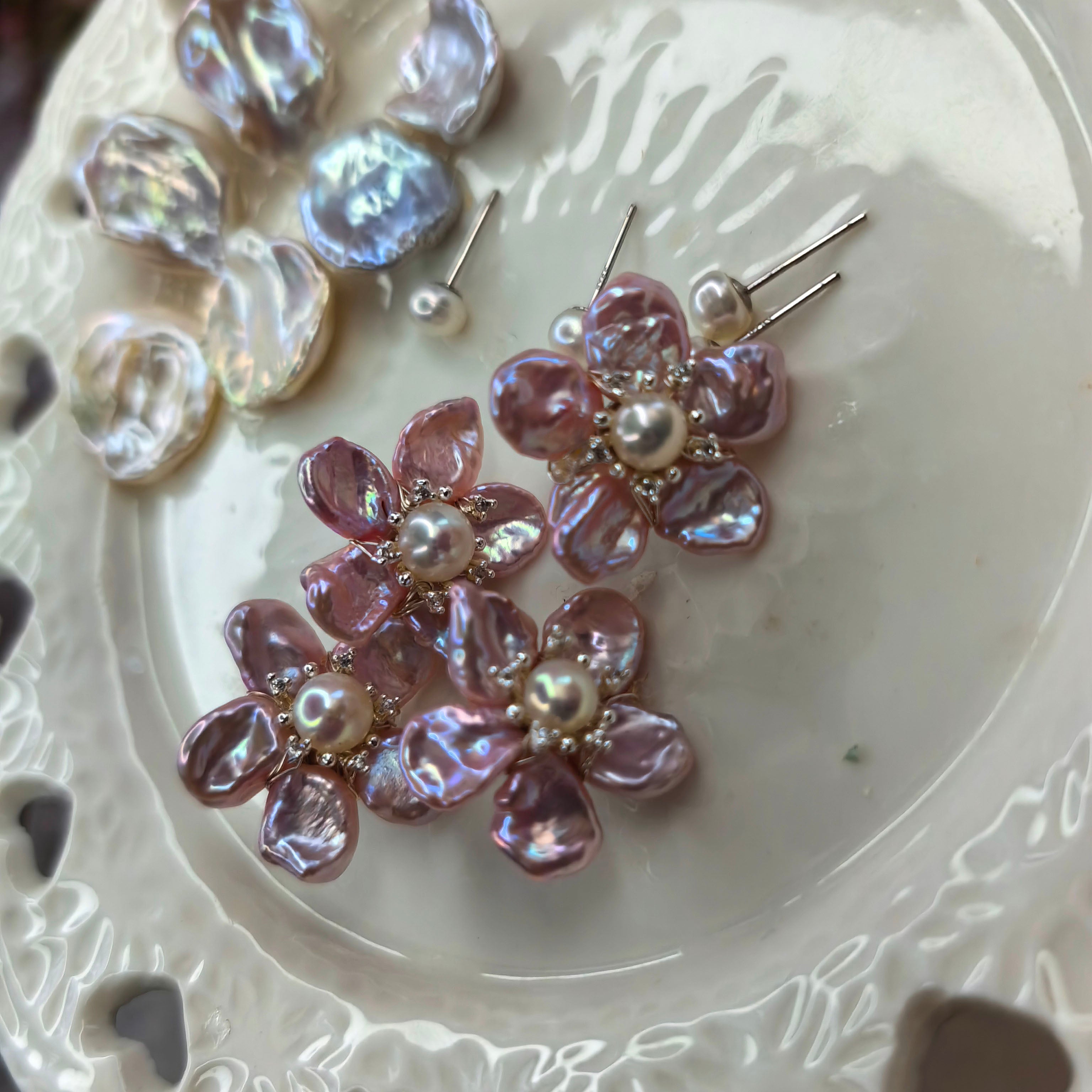 Handwoven Pink Floral Stud Earrings