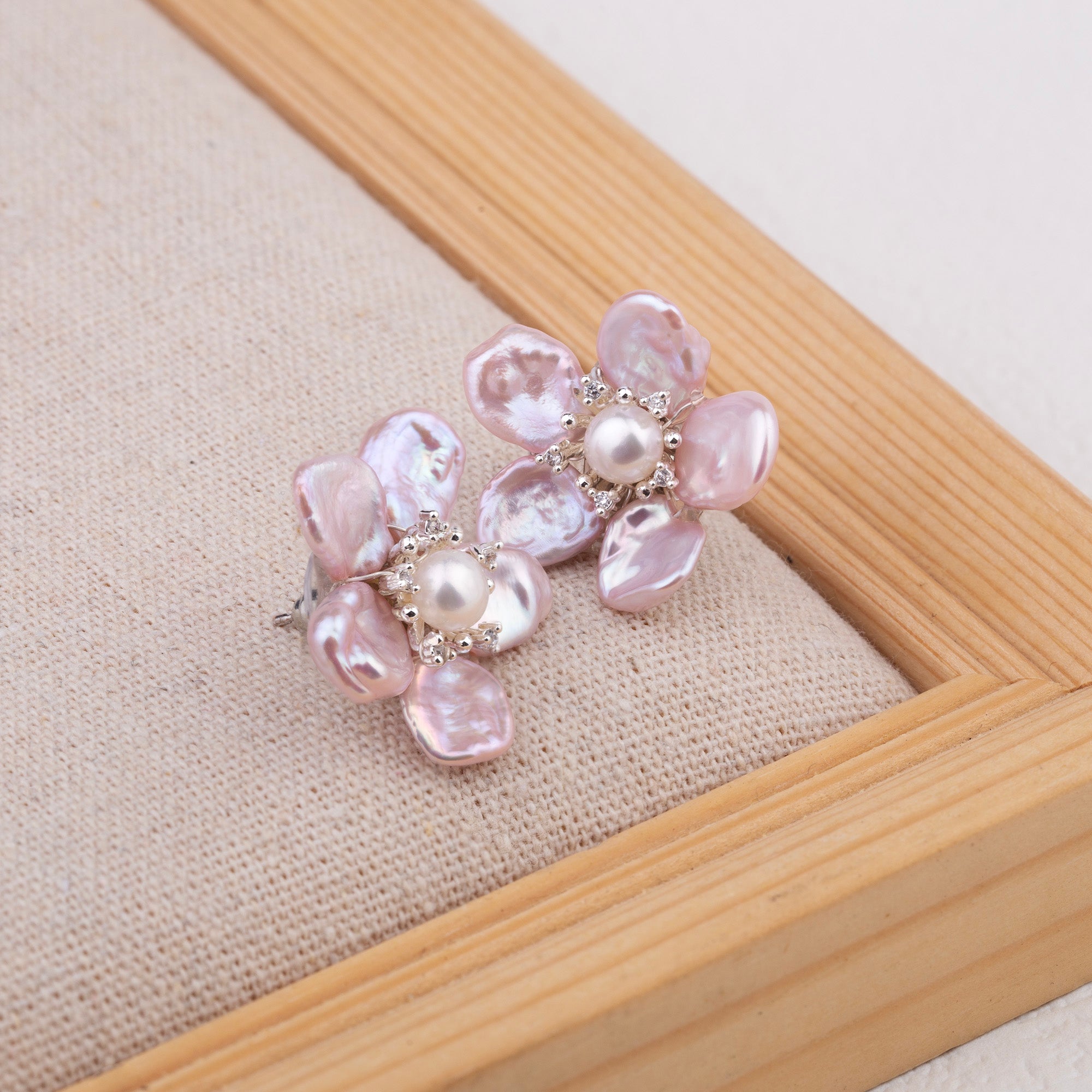 Handwoven Pink Floral Stud Earrings