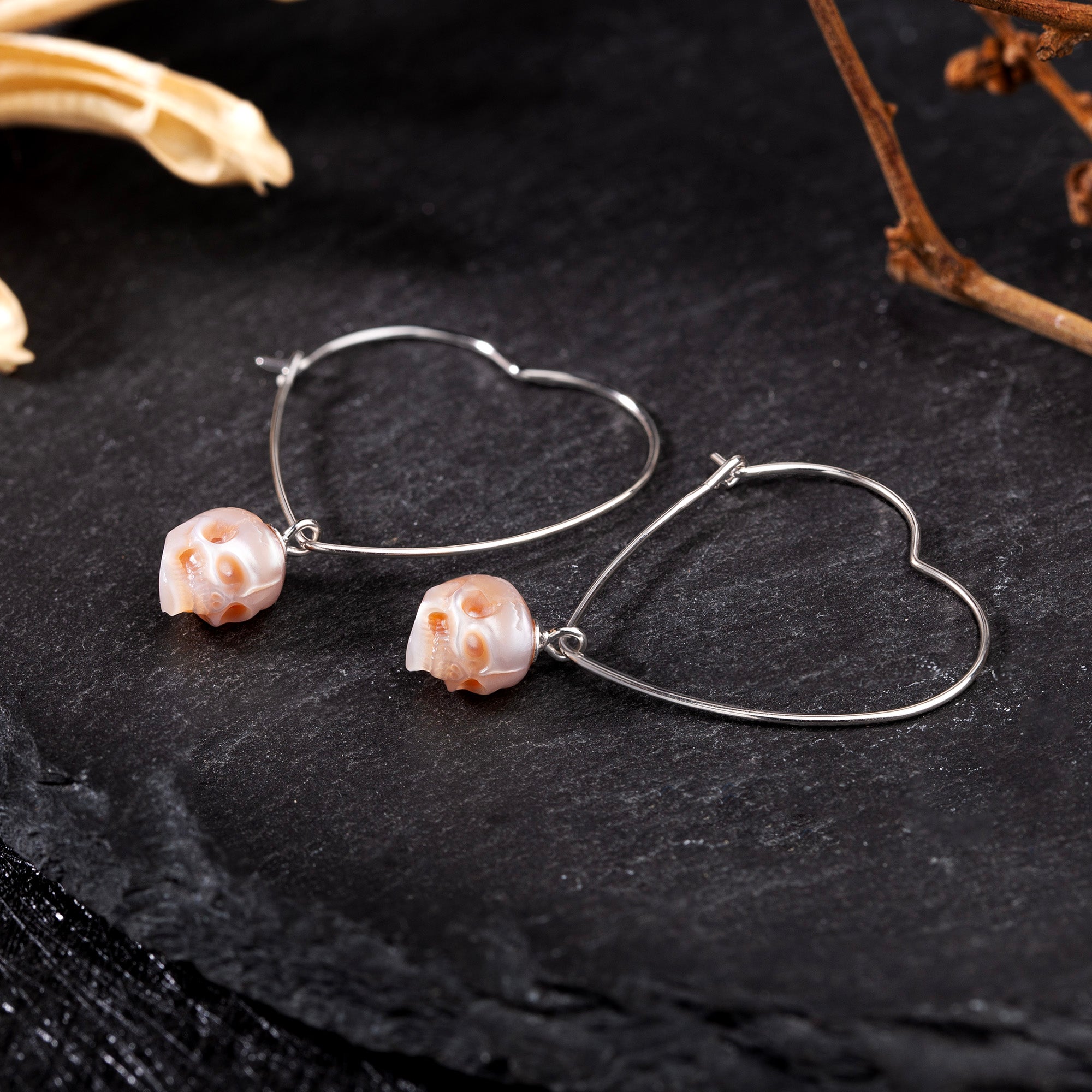 Heart-shaped Silver Pearl Skull Earrings