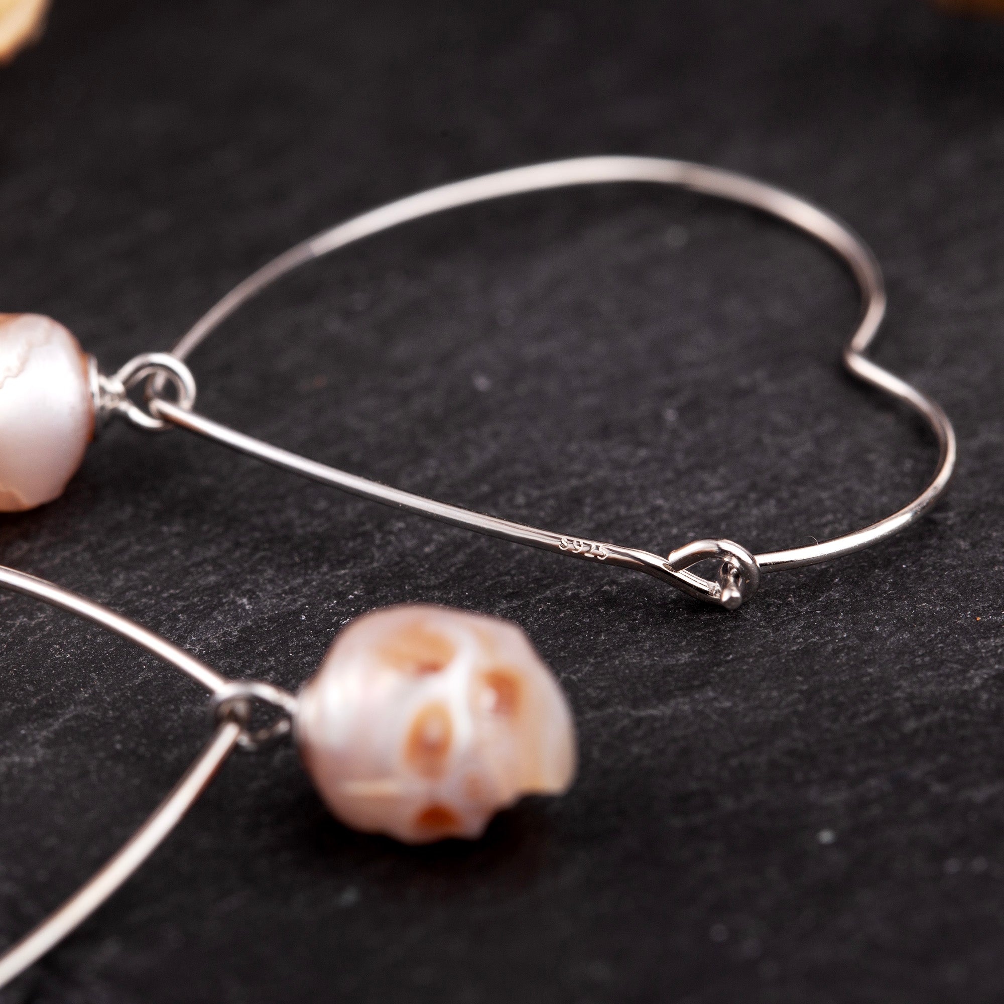 Heart-shaped Silver Pearl Skull Earrings