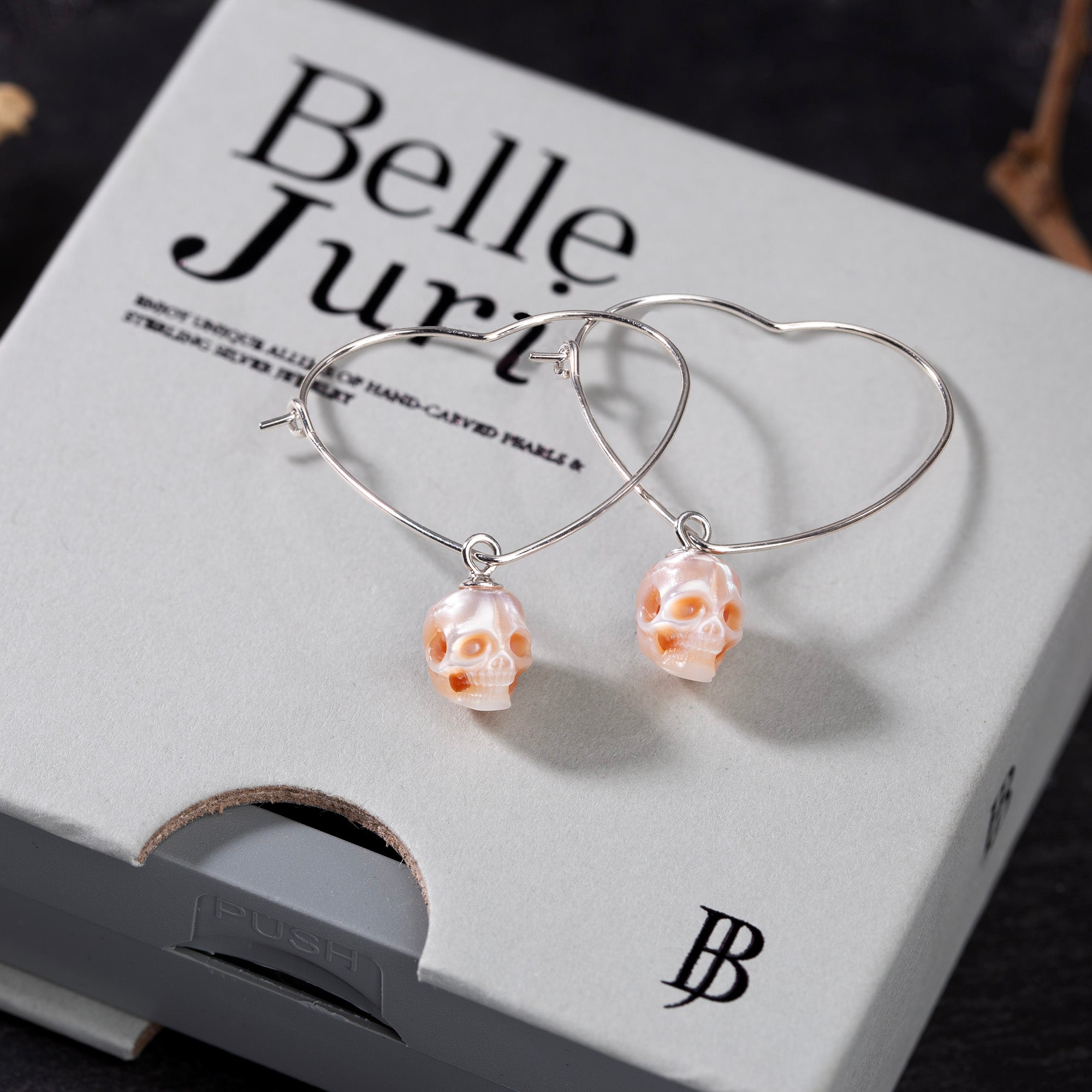 Heart-shaped Silver Pearl Skull Earrings