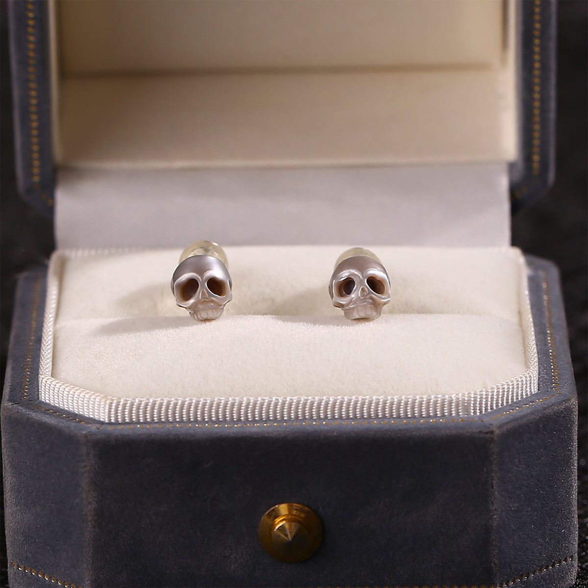 Gothic Mystery Minimalist Cranium Pearl Stud Earrings-Gray