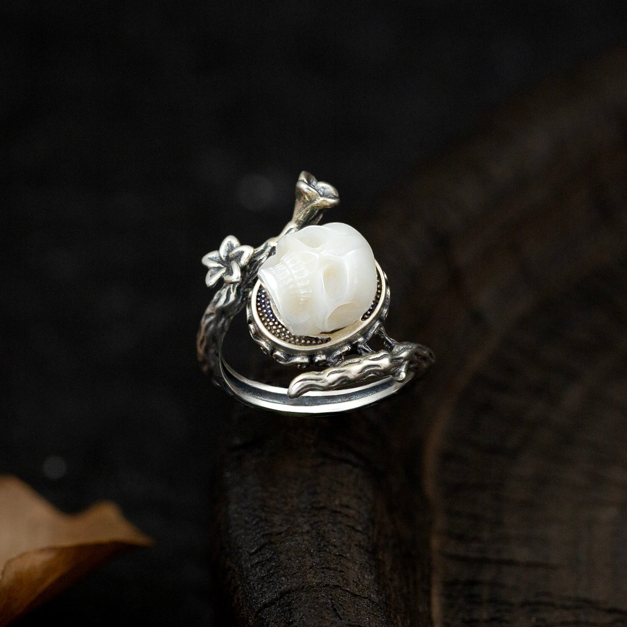 Memento Mori Pearl Skull Flower Vine Branch Ring