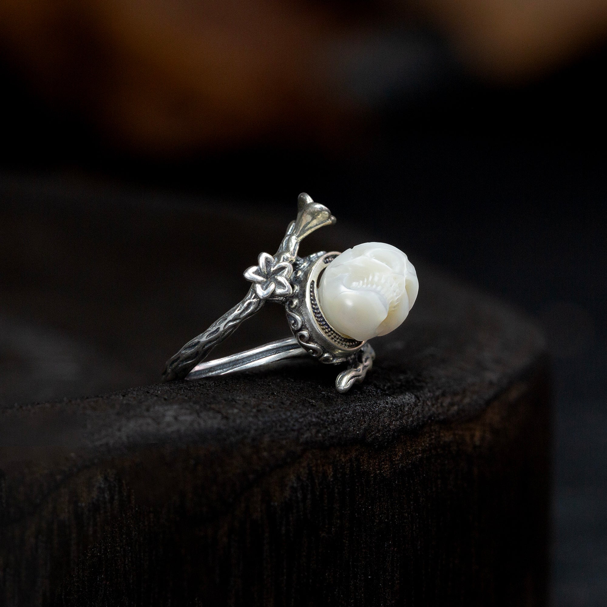Memento Mori Pearl Skull Flower Vine Branch Ring