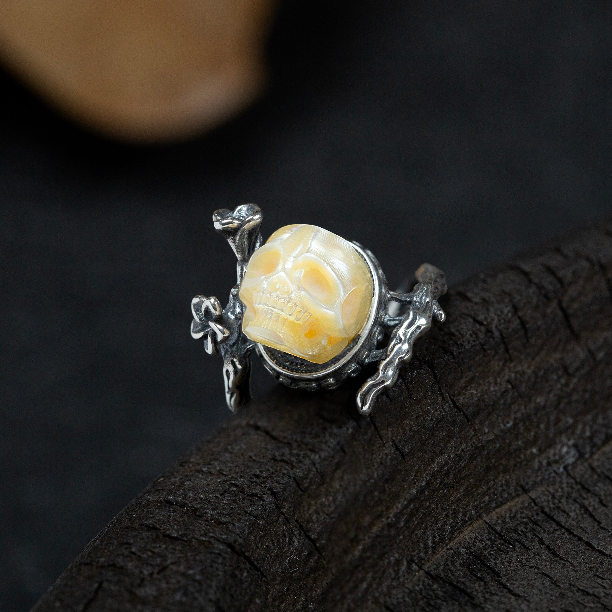 Memento Mori Pearl Skull Flower Vine Branch Ring