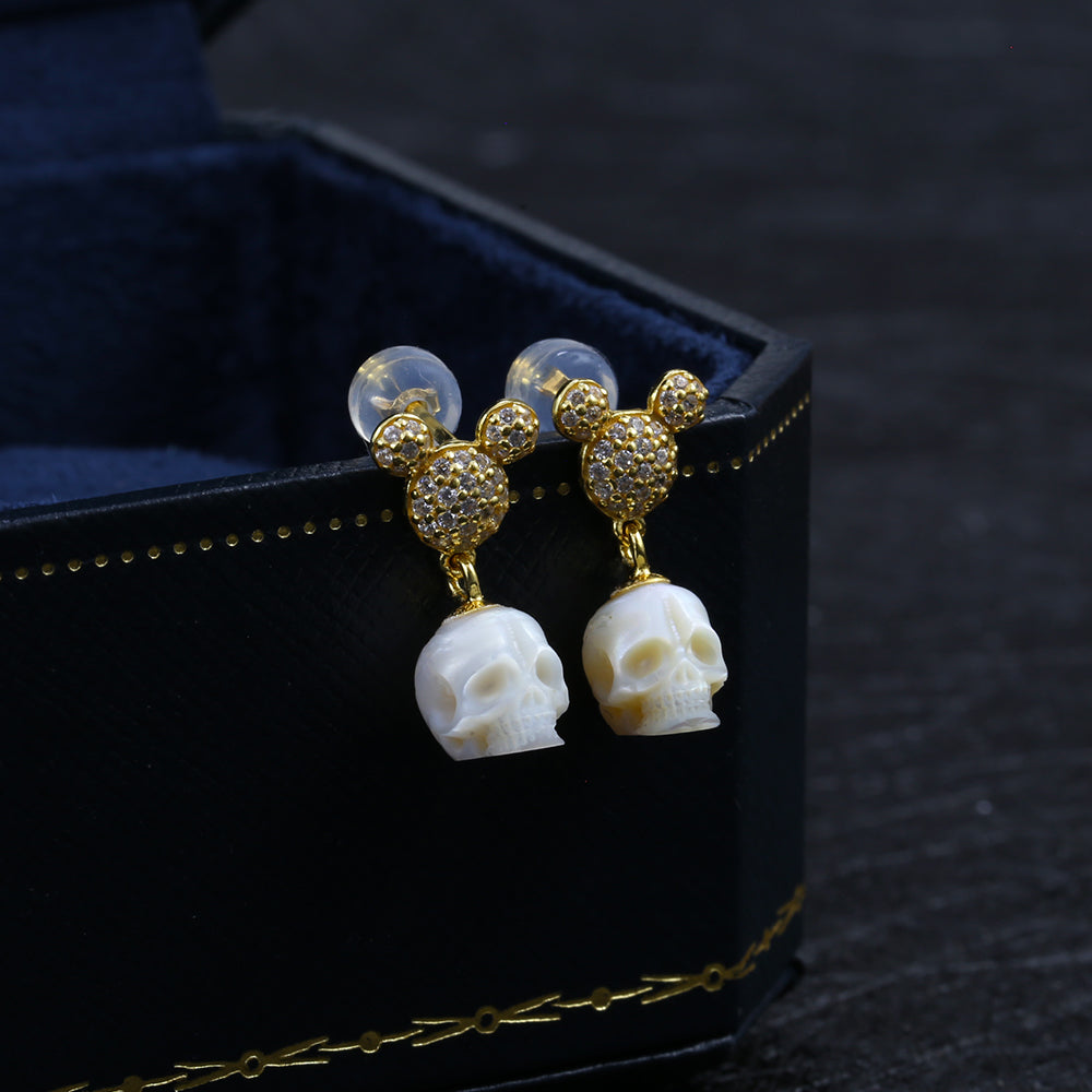 Mickey Ears CZ Pearl Skull Stud Earrings