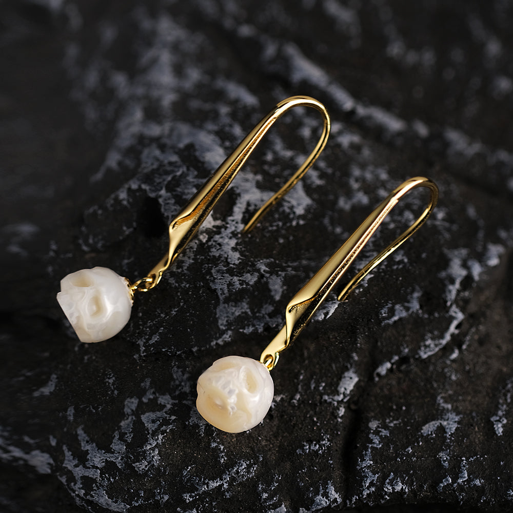 Minimalist Pearl Cranium Hook Earrings