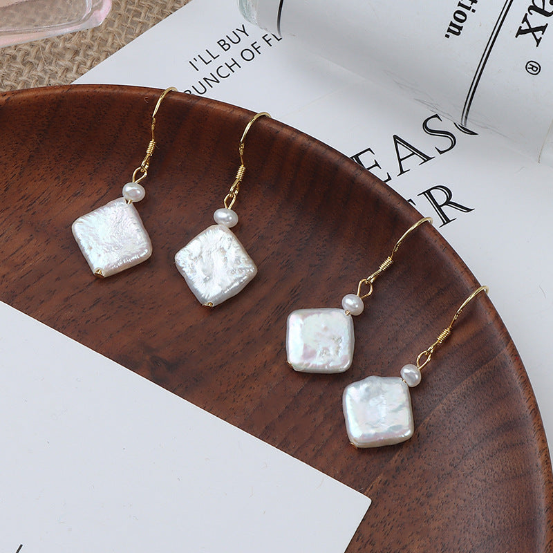 Minimalist Square Baroque Pearl Hook Earrings